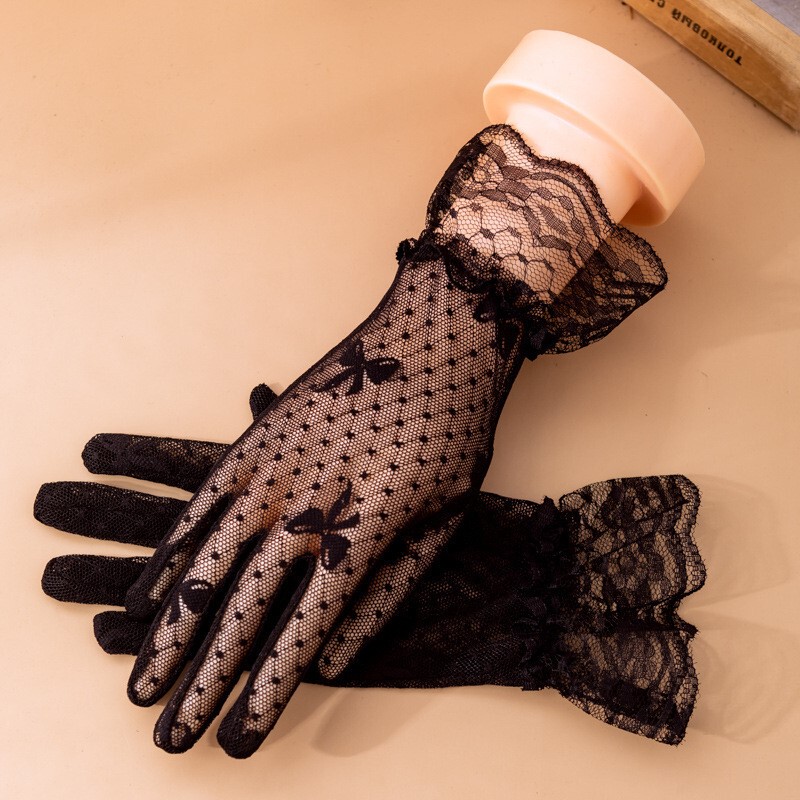 Women's Sun Protection Lace Gloves, Full-Finger Mesh, Hollow, Lightweight, Bridal Wedding Dress Etiquette, White, for Driving and Cycling