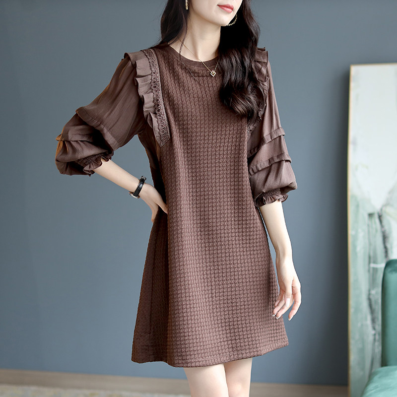 CATHYLADI FASHION LACE Splicing Round Collar Lotus Leaf lace Skirt Commute Retro Kilobirge gig with long style dress-Taobao