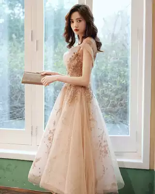 Champagne evening dress female high-end banquet temperament celebrity little man bridesmaid dress dress winter annual dinner