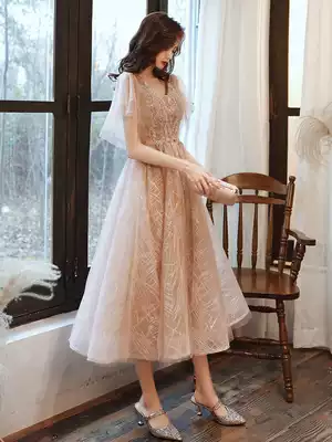 Champagne evening dress women can wear birthday party temperament high-end heavy industry bridesmaid dress summer Princess