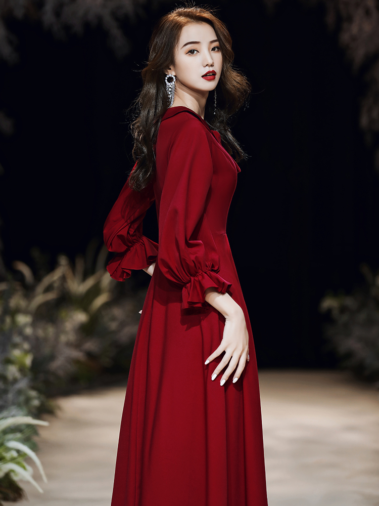 Wine Red Toast to the bride's wedding day Dress Autumn Winter Long Sleeves Wedding back to the Mented Wedding Gown Lady-Taobao