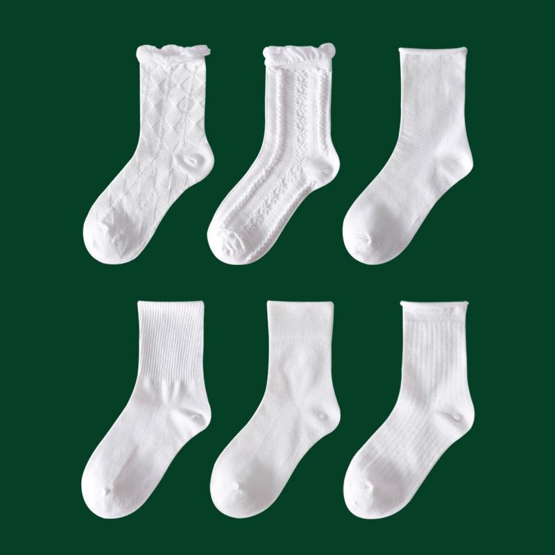 Girls' Pure White Mid-Calf Socks, Autumn and Winter Pure Cotton Mid-Length Socks, Cute Japanese Style, Suitable for Pairing with Small Leather Shoes, Student White Socks, Jk Style