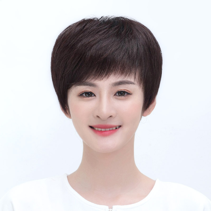Wig Made of Real Human Hair, Full Headpiece for Women, Middle-Aged and Elderly Mothers, Short Straight Hair, Natural Hand-Woven Real Hair