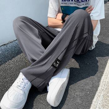 Pants men's thin ice silk drape loose straight wide-leg pants teenagers elastic waist breathable summer sports pants