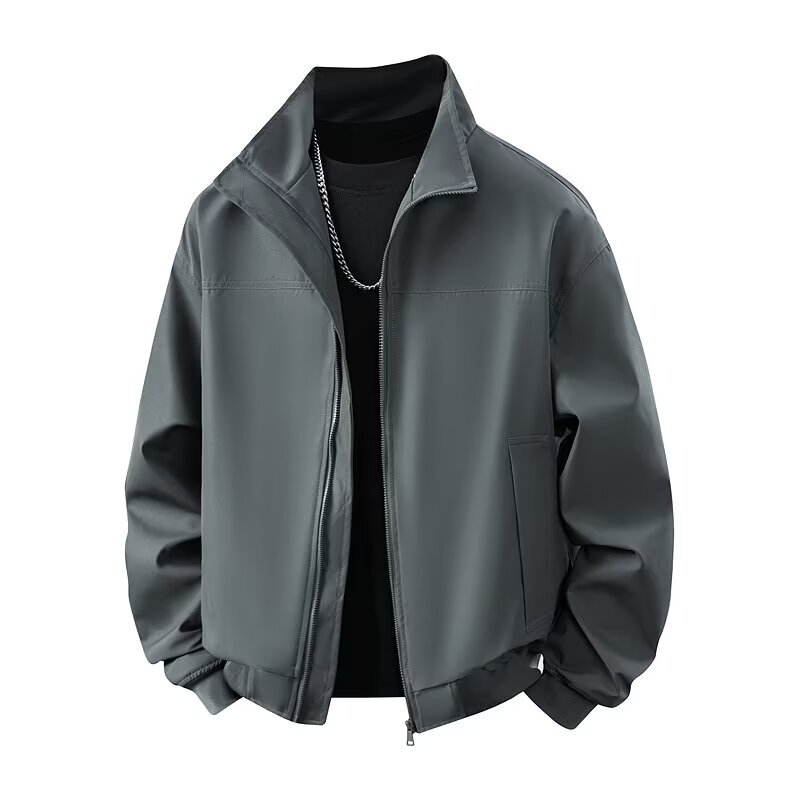 Men's Loose-Fitting Spring and Autumn Jacket, Vintage Lapel Trench Coat, Simple and Stylish Solid Color Zip-Up Cardigan, Thin Men's Jacket