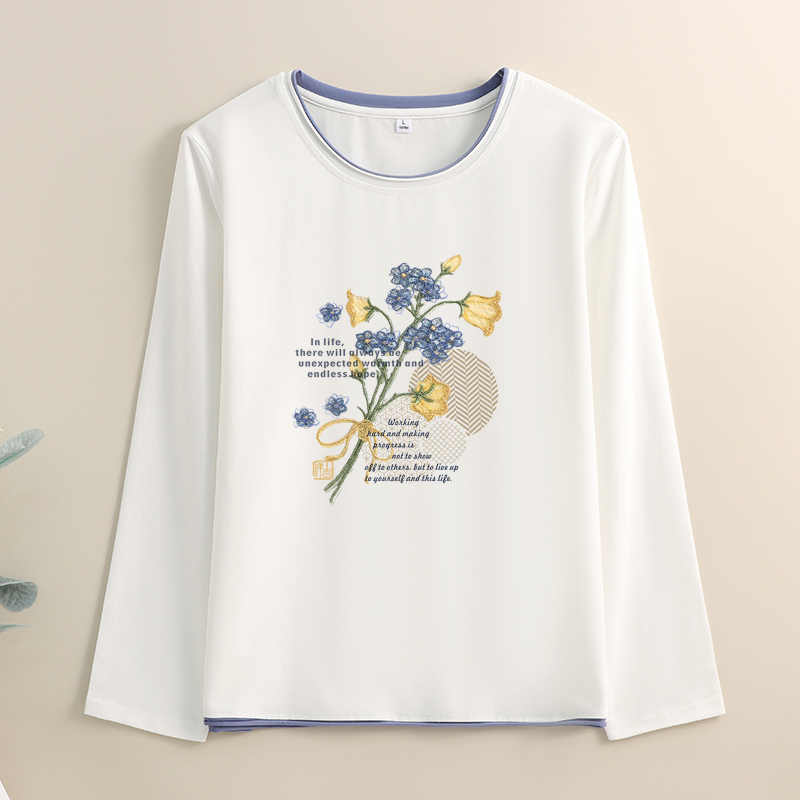 Mom's T-Shirt, Pure Cotton, Regular Shoulder, New Spring and Autumn Long-Sleeve Top, Printed, Loose, Plus Size, Breathable, Slimming for Middle-Aged Women Mom's T-Shirt, Pure Cotton, Regular Shoulder, New Spring and Autumn Long-Sleeve Top, Printed, Loose, Plus Size, Breathable, Slimming for Middle-Aged Women