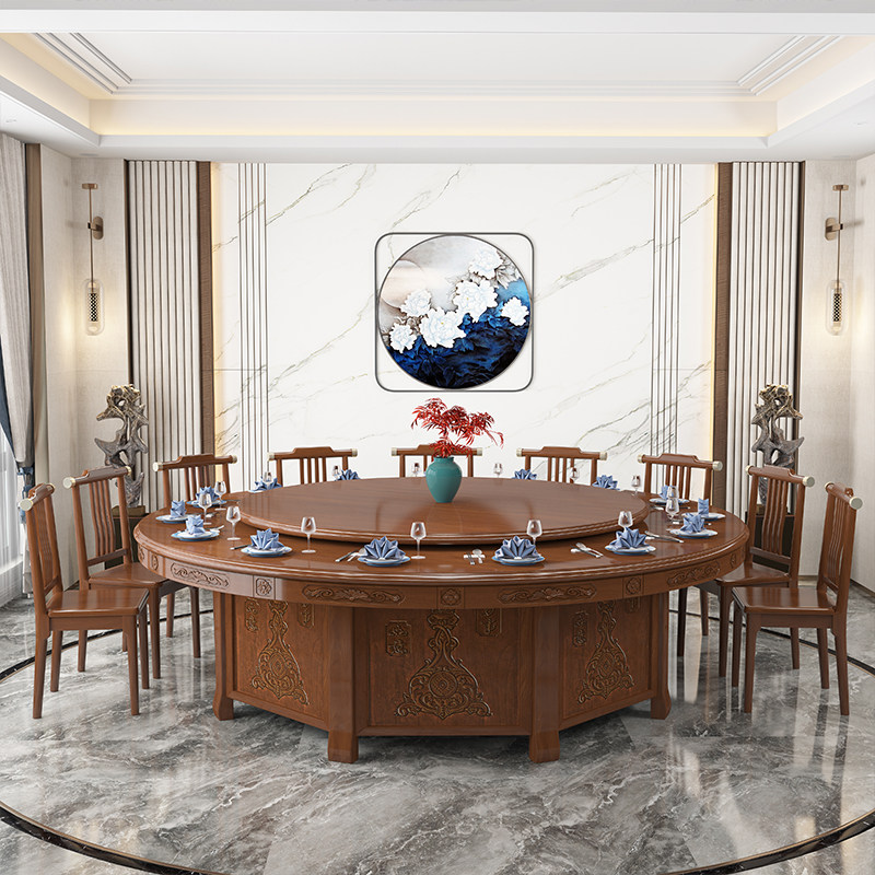 Solid wood dining table and chair combination Chinese antique round household 18-person dining table with turntable carving 2 2 meters large round table
