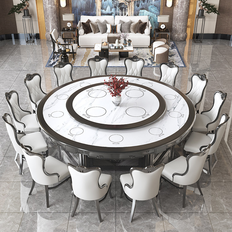 Hotel electric big round table new Chinese style solid wood slate hot pot table restaurant automatic turntable rotating banquet table for 20 people