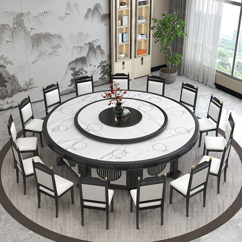 Hotel electric dining table rock slab marble round table solid wood new Chinese style 2 6 meters 20 people club box dining table and chairs