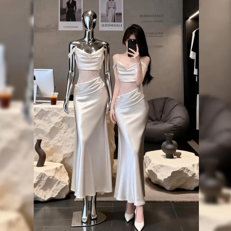 French-Style Design, Niche Style, Off-The-Shoulder Satin Slip Dress for Women, Summer Elegant Lace Patchwork Waist-Cinching Long Dress