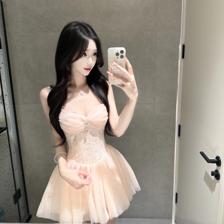 Tea Break French-Style Fairy-Like Pink Mesh Strap Dress for Women, Summer Elegant Petite Waist-Cinching Slimming Puffy Short Dress