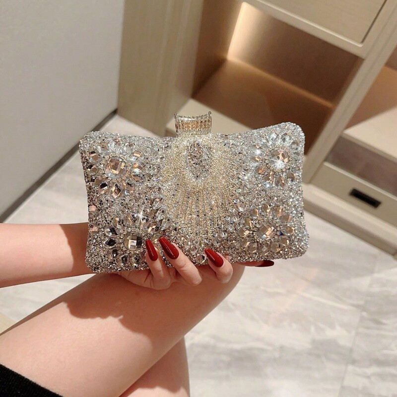 2025 New Style Rhinestone-Embellished Cheongsam Handbag Evening Bag Rhinestone Clutch Dress Bag Chain Banquet Bag
