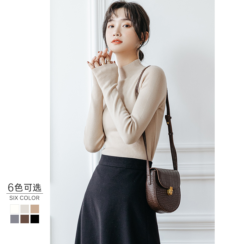 Semi-high collar knit cardiovert woman 2021 autumn winter new long sleeves fit in the undershirt blouses blouse black white sweater