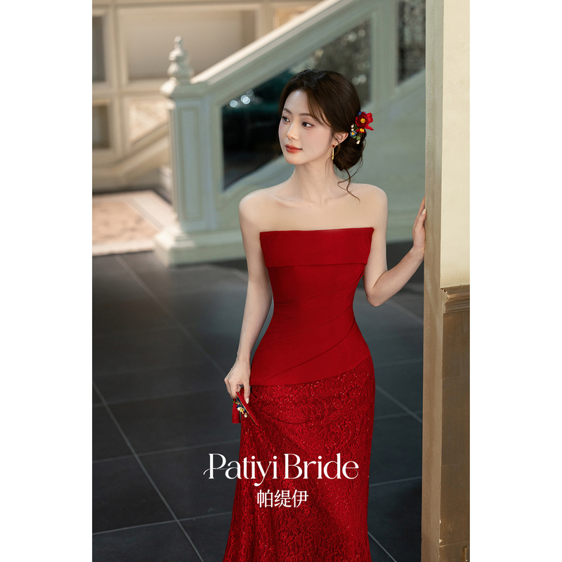 Patti Yi [Scarlett] Red Strapless Engagement Dress Bride Wedding Toast Dress High-End Elegant Host