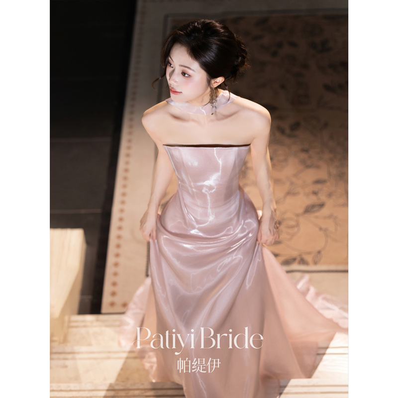 Patyi [Peach Pearl] Pink Gown with Train, High-End Engagement Wedding Toast Dress, Coming-Of-Age Ceremony Strapless Host Dress
