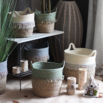 Handmade straw flower basket flower pot set indoor living room balcony green plant decoration woven basket storage basket Nordic pastoral