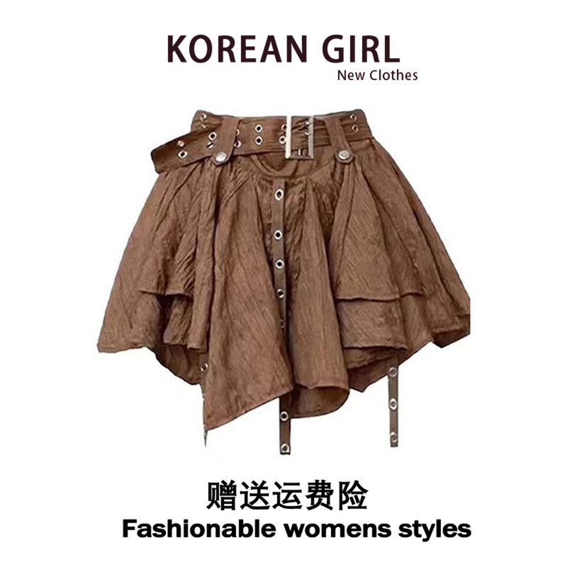 Meilade Wears a Brown Skirt for Women, 2026 Spring, Hot Girl Wasteland Style, Western Cowboy Ribbon Pleated Short Skirt