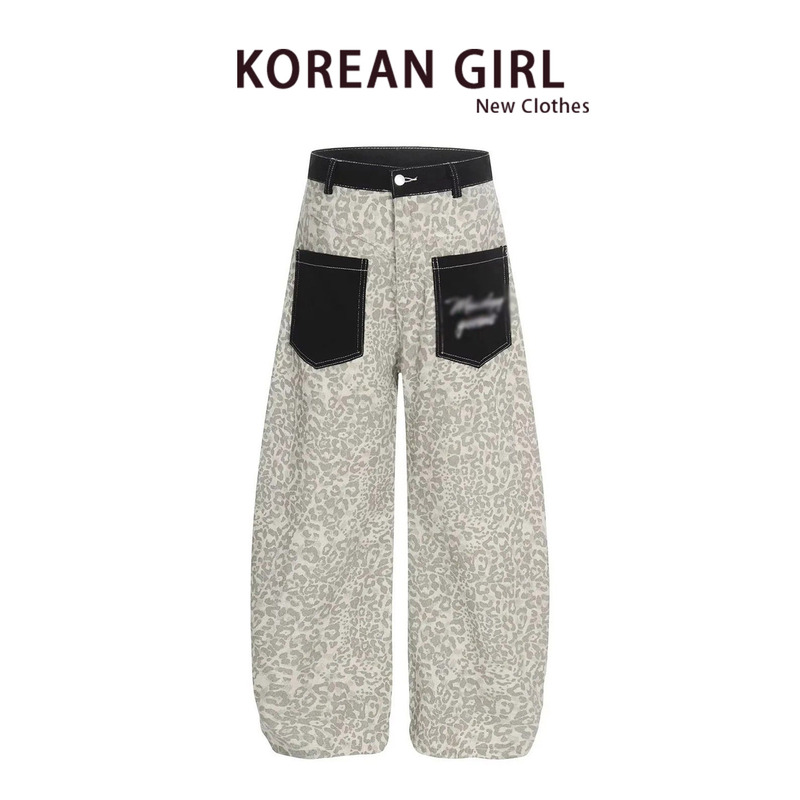 American Retro Leopard Print Patch Pocket Jeans for Women, Summer Thin Loose Street Style Wide-Leg Casual Trousers American Retro Leopard Print Patch Pocket Jeans for Women, Summer Thin Loose Street Style Wide-Leg Casual Trousers