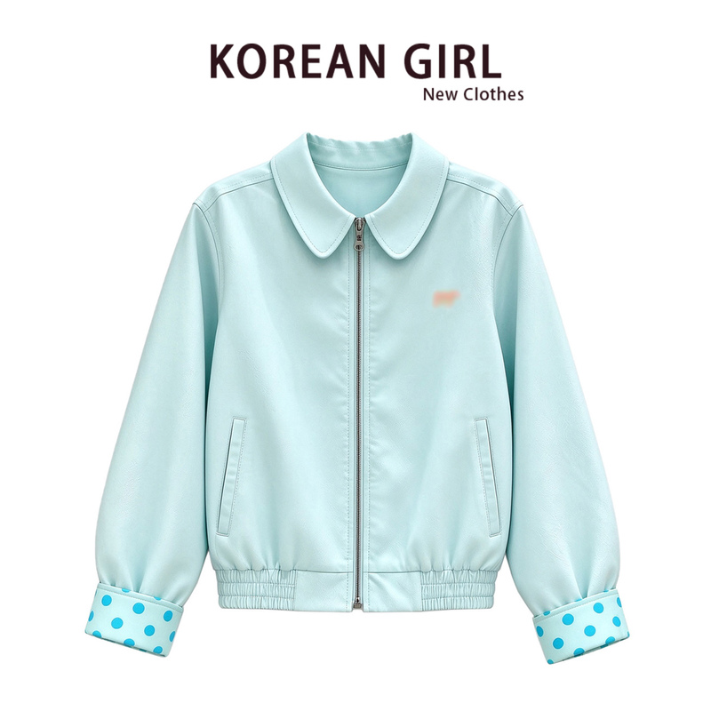 Dopamine Sea Salt Blue Lapel Polka Dot Jacket for Women 2026 Spring and Autumn New Style High-End Zipper Embroidered Short Coat