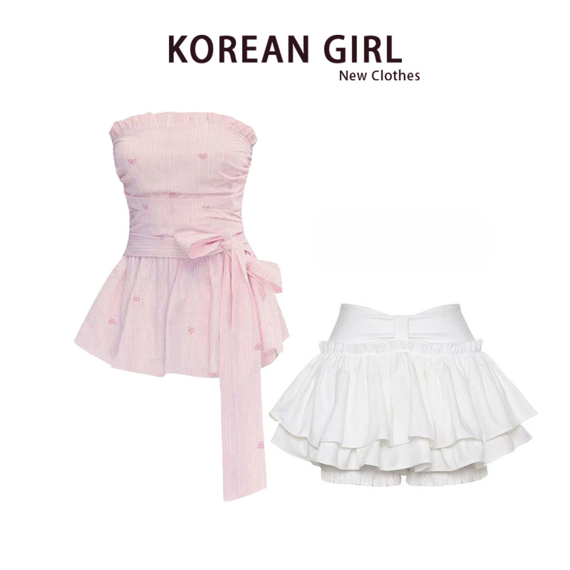 Korean Style Sweet and Beautiful Outfit, a Complete Set for Women in Summer, Pink Striped Tube Top and Puffy Short Skirt Set