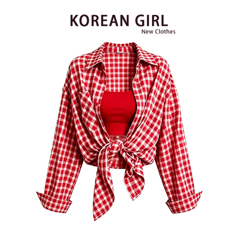Red Plaid Long-Sleeved Shirt for Women, New Spring and Autumn Style, Elegant and Sophisticated Shirt Jacket, Camisole Top Set