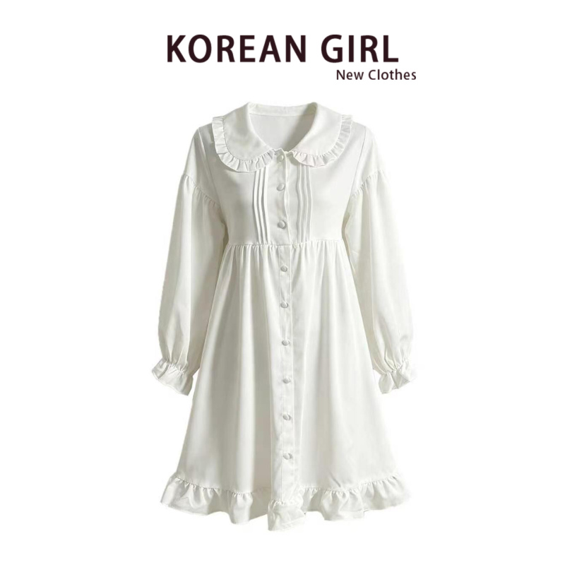 Japanese-Style Cute Soft Girl White Doll Collar Ruffle Dress for Women Early Autumn Lolita Fairy Mid-Length Dress Japanese-Style Cute Soft Girl White Doll Collar Ruffle Dress for Women Early Autumn Lolita Fairy Mid-Length Dress