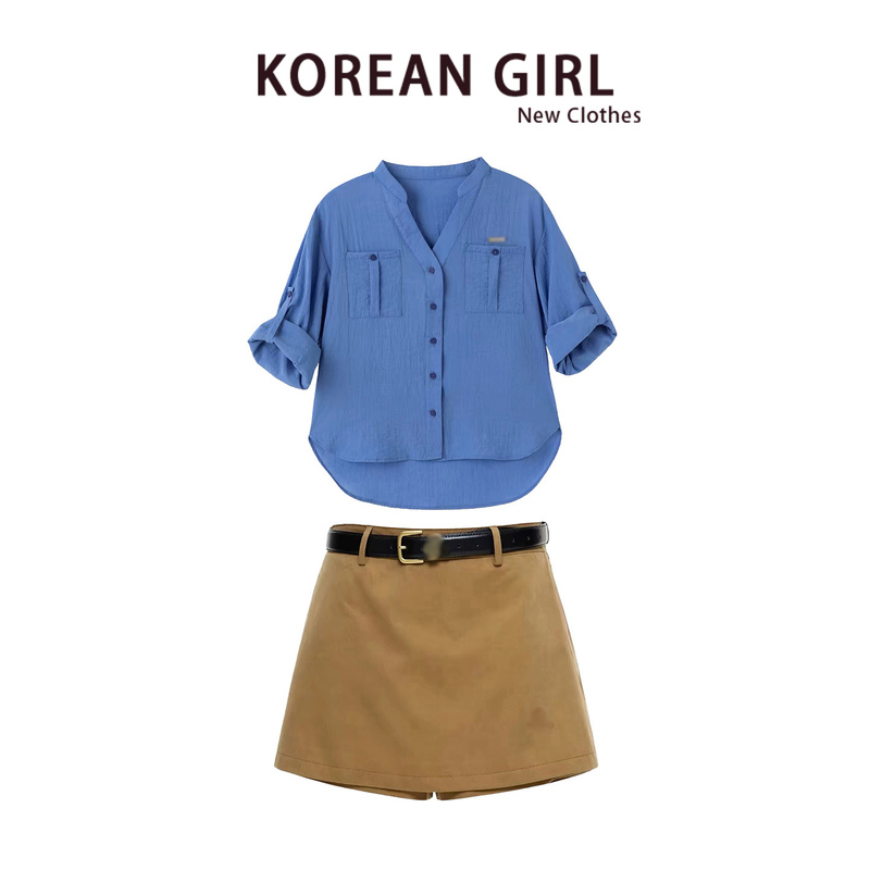 High-End Klein Blue Long-Sleeved Shirt for Women, Summer Loose Sun Protection Shirt Jacket, Khaki Short Skirt Two-Piece Set