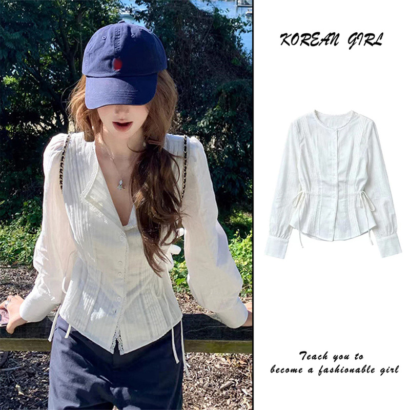 French Retro White Lace Long-Sleeved Shirt for Women, Spring & Fall New Style, Sweet and Spicy Style, Waist-Cinching Pleated Shirt, Short Top French Retro White Lace Long-Sleeved Shirt for Women, Spring & Fall New Style, Sweet and Spicy Style, Waist-Cinching Pleated Shirt, Short Top
