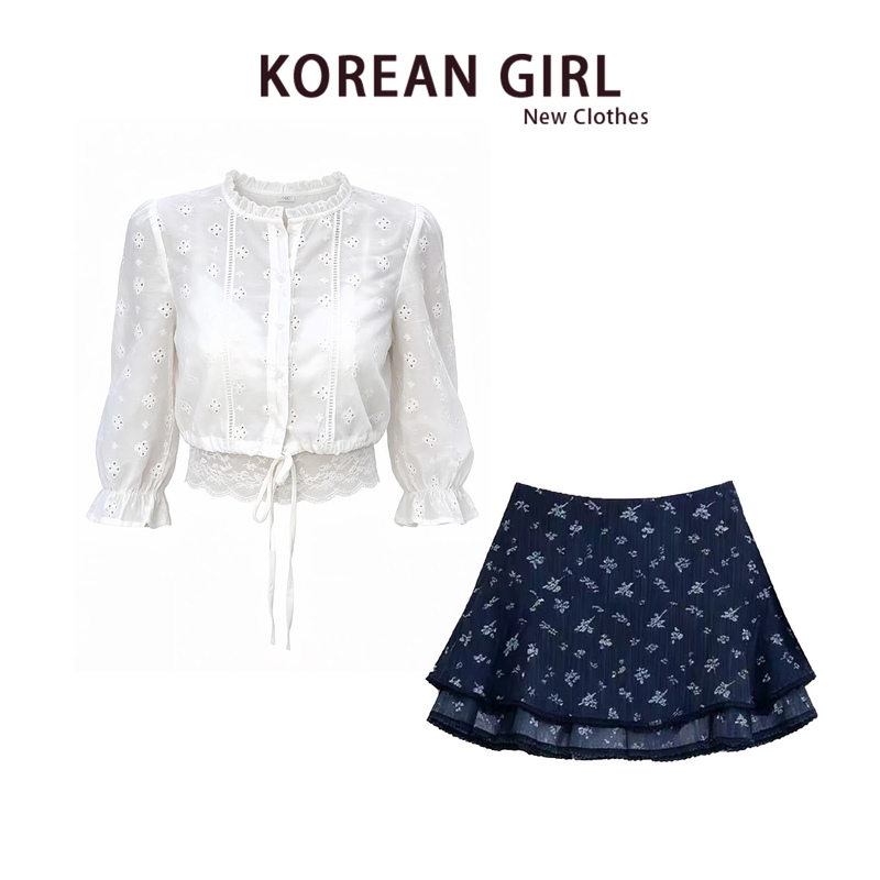 White Mid-Sleeve Hollow-Out Top for Women, Autumn Korean Style Outfit, Lace-Trimmed Shirt, Floral Mini Skirt Three-Piece Set White Mid-Sleeve Hollow-Out Top for Women, Autumn Korean Style Outfit, Lace-Trimmed Shirt, Floral Mini Skirt Three-Piece Set