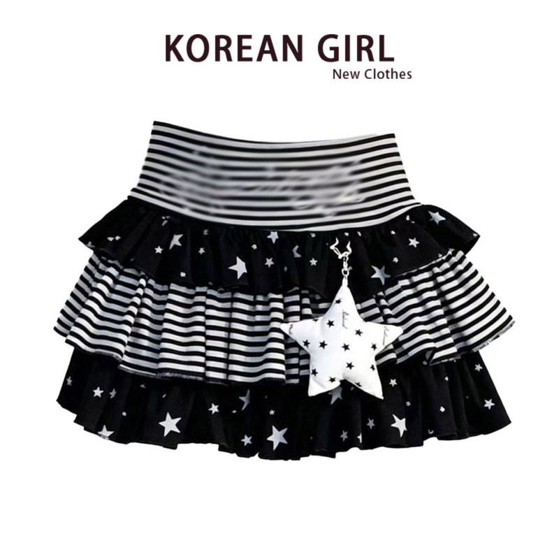 Black Star Stripe Patchwork Y2K Hot Girl Puffy Skirt Women's 2026 Summer Light Asian Style Short Skirt Cake Skirt Dress
