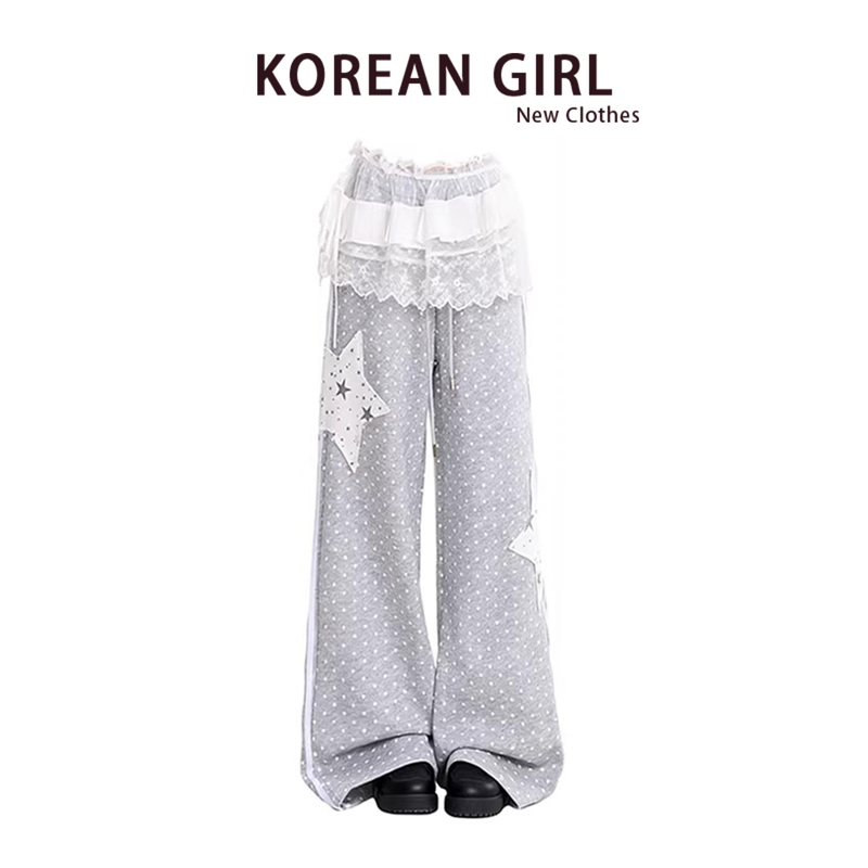 Sweet and Cool All-Over Polka Dot and Star Patch Sweatpants for Women, Spring and Autumn, Light Subculture, Loose Straight-Leg Pants, Slimming Casual Pants