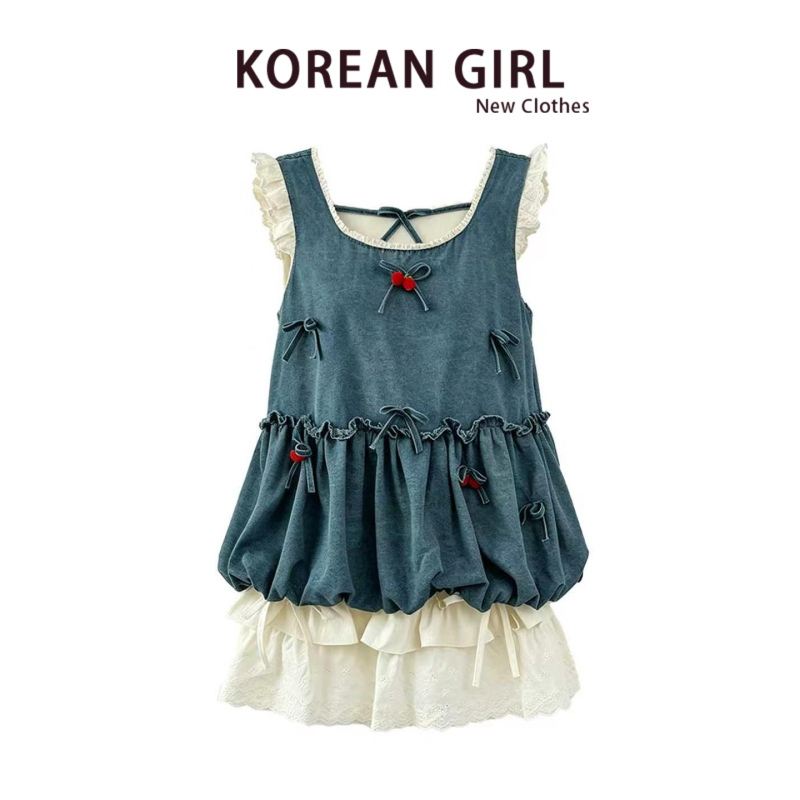 Japanese-Style Cute Sweet Girl Denim Cherry Blossom Bud Top Women's Summer Stunningly Beautiful Outfit with Puffy Short Skirt Set