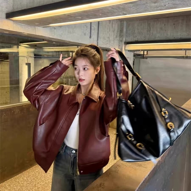 High-End Ankara Red Leather Jacket for Women, Autumn 2026 New American-Style Biker Pu Jacket for Petite Figures High-End Ankara Red Leather Jacket for Women, Autumn 2026 New American-Style Biker Pu Jacket for Petite Figures