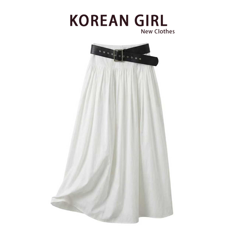 Korean Style Hot Girl Drapey Casual White Midi Skirt for Women, New Spring/Summer High-End Loose Versatile A-Line Long Skirt