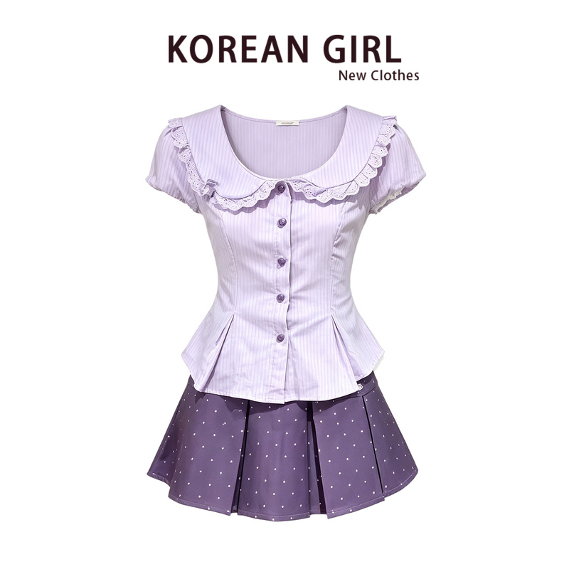 Korean-Style Sweet and Youthful Outfit 2026 Summer Purple Waist-Cinching Shirt Top Vintage Polka Dot Skirt Two-Piece Set