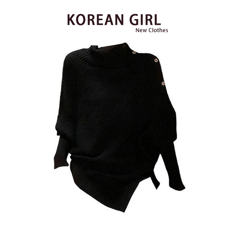 Irregular Design Black Turtleneck Sweater for Women, Autumn and Winter Korean Style, Lazy Style Batwing Sleeve Knitwear Cape Top