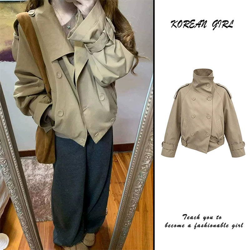 Casual Khaki Trench Coat for Women 2026 Spring and Autumn Petite Short Style High-End Korean Jacket Top