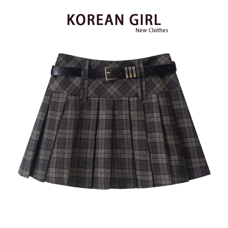American retro plaid midi skirt for women, new autumn style, high-waisted pleated skirt, petite size, anti-exposure short skirt.