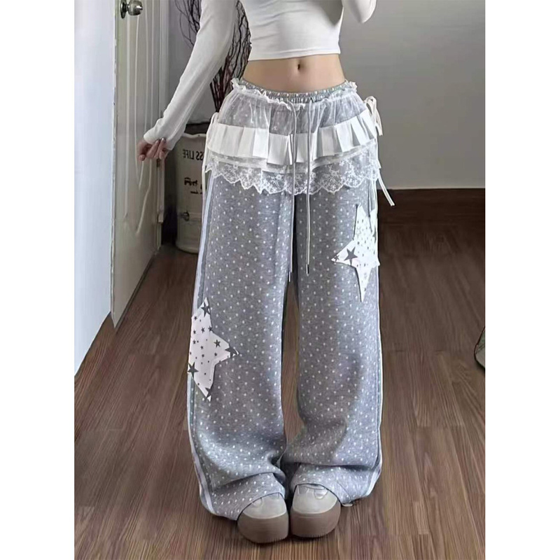 American High Street Style All-Over Polka Dot and Star Patchwork Sweatpants for Women, Summer Light Subculture Loose Straight-Leg Casual Pants American High Street Style All-Over Polka Dot and Star Patchwork Sweatpants for Women, Summer Light Subculture Loose Straight-Leg Casual Pants