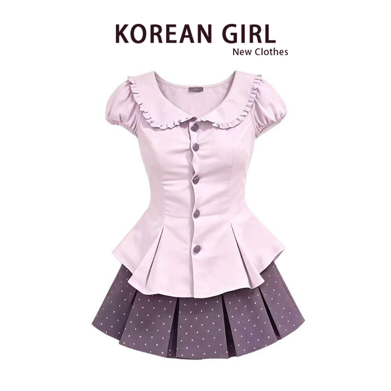 Sweet Girly Doll Collar Puff Sleeve Shirt for Women, Summer Purple Waist-Cinching Top, Polka Dot Short Skirt Set