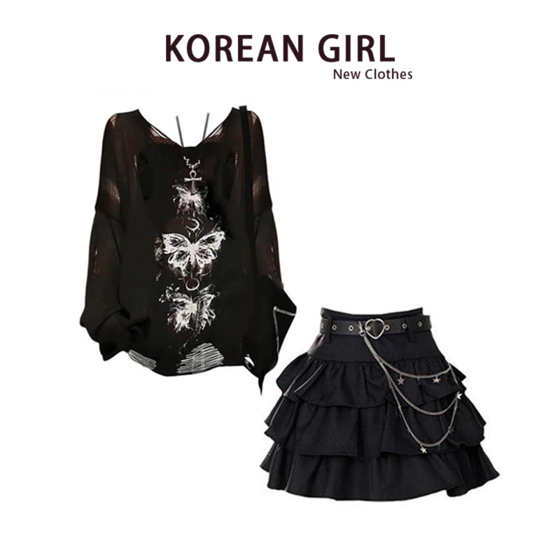 Y2K Yabi Outfit for Women 2026 Summer Black Knitted Blouse Top Cake Short Skirt Two-Piece Set