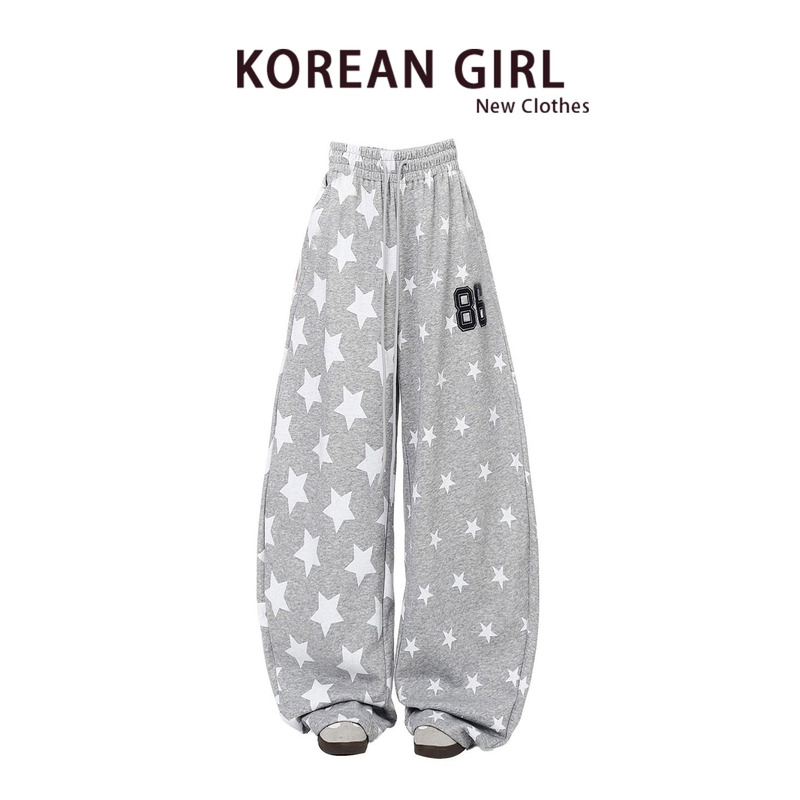 American-Style Gray Star-Printed Elastic Sweatpants for Women, Spring and Summer, Loose, Casual, Lazy, Wide-Leg, Scimitar Jazz Dance Pants