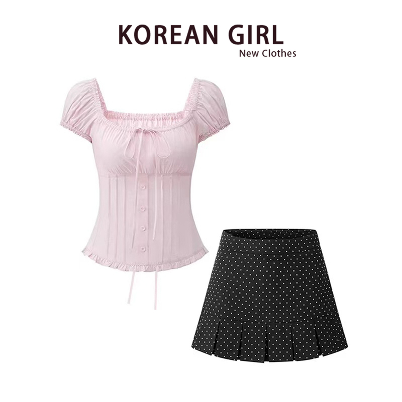 Sweet Style Puff Sleeve Bow Square Neck Shirt for Women, Beautiful Outfit, Summer Polka Dot Pleated Skirt Two-Piece Suit Sweet Style Puff Sleeve Bow Square Neck Shirt for Women, Beautiful Outfit, Summer Polka Dot Pleated Skirt Two-Piece Suit