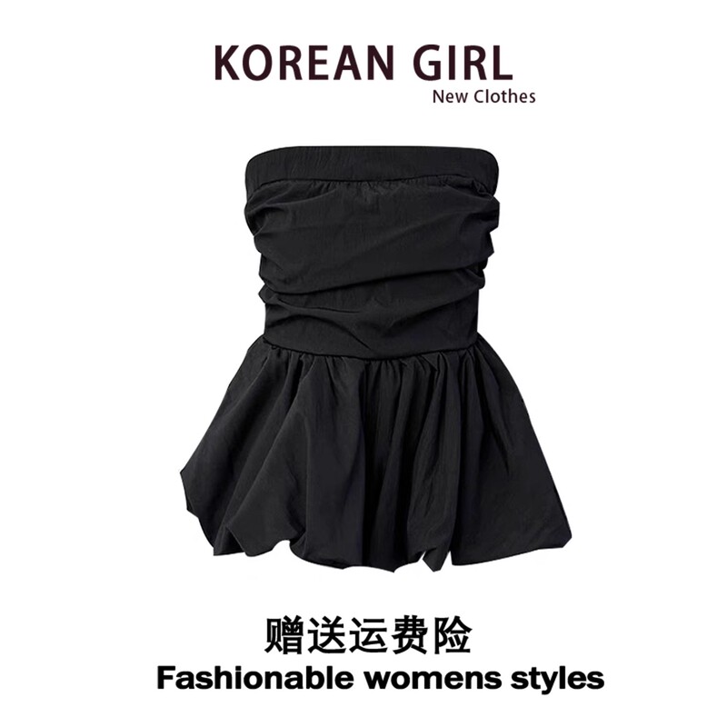 Sweet and Spicy Black Pleated Flower Bud Tube Top for Women, Summer High-End Design with Spliced Skirt Hem, Waist-Cinching Outerwear Vest Sweet and Spicy Black Pleated Flower Bud Tube Top for Women, Summer High-End Design with Spliced Skirt Hem, Waist-Cinching Outerwear Vest