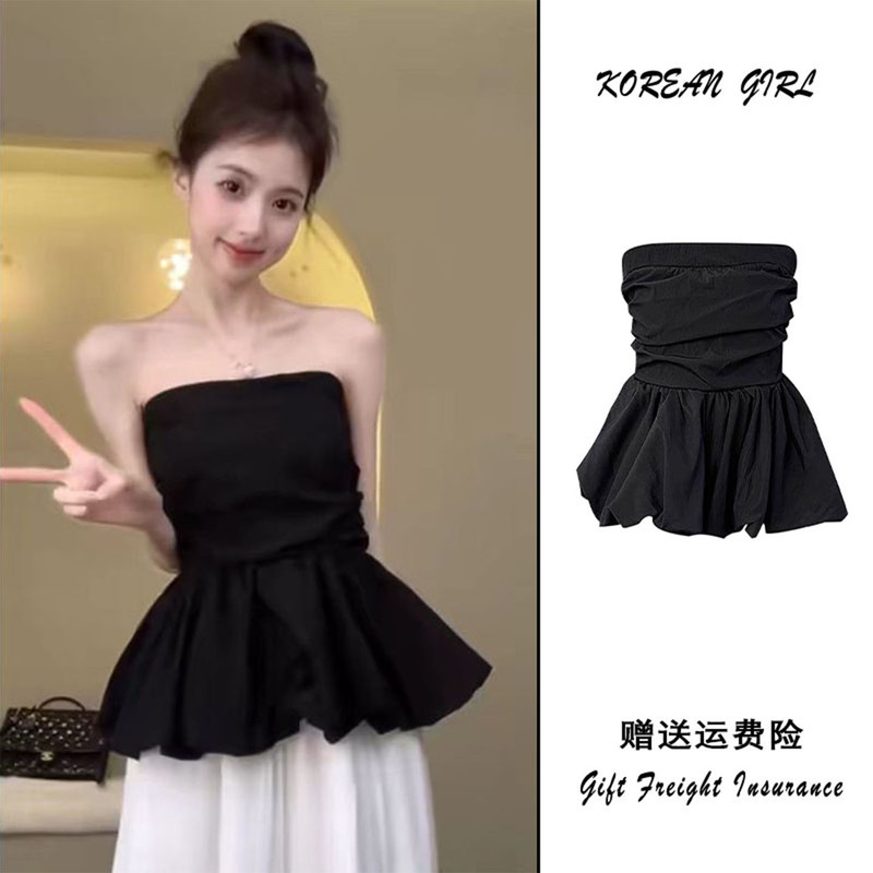 French-Style Pleated Black Tube Top for Women, Summer Style, Pure and Sexy, with a Flower Bud Hem, Waist-Cinching, Outerwear Tank Top Shirt
