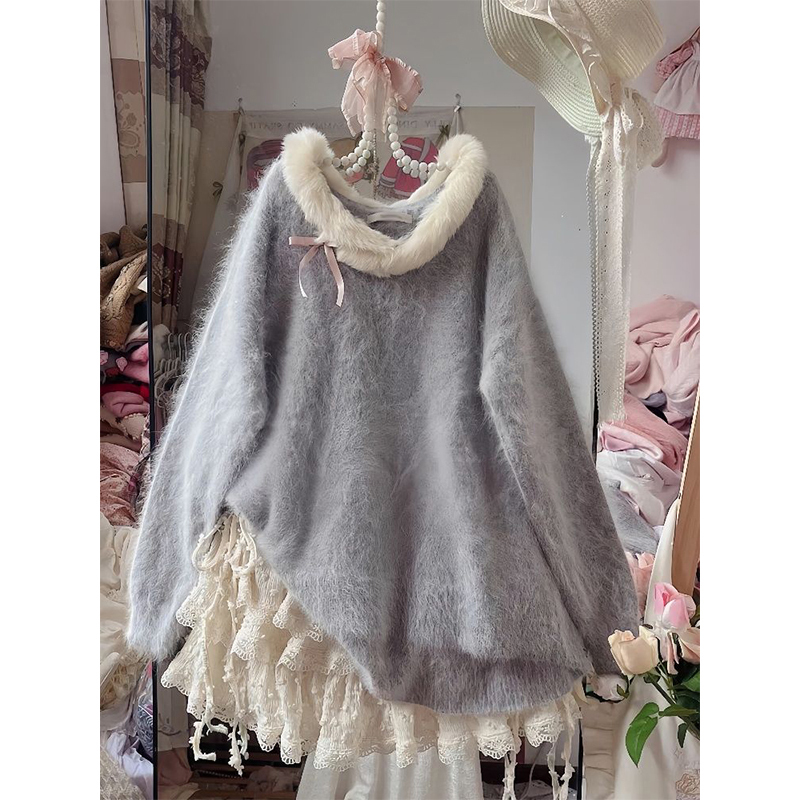 Sweet and Gentle Bow-Knot Pullover Sweater for Women in Autumn and Winter, Soft and Waxy Imitation Mink Velvet Knitwear, Lazy Fur Collar Top Sweet and Gentle Bow-Knot Pullover Sweater for Women in Autumn and Winter, Soft and Waxy Imitation Mink Velvet Knitwear, Lazy Fur Collar Top