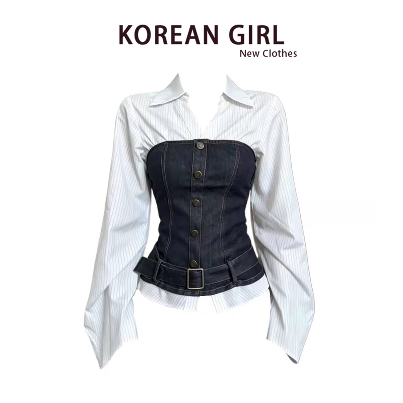 Korean Retro Preppy Style Outfit Set for Women Early Autumn Real Two-Piece Denim Patchwork Shirt Wide-Leg Pants Long Pants Korean Retro Preppy Style Outfit Set for Women Early Autumn Real Two-Piece Denim Patchwork Shirt Wide-Leg Pants Long Pants