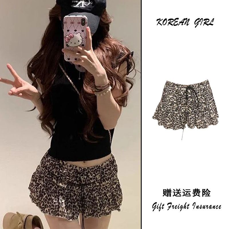 American-Style Spicy Girl Leopard Print Tie-Up Skirt for Women, Summer Y2K Retro A-Line Skirt Design, Mini Skirt, Cake Skirt Pants