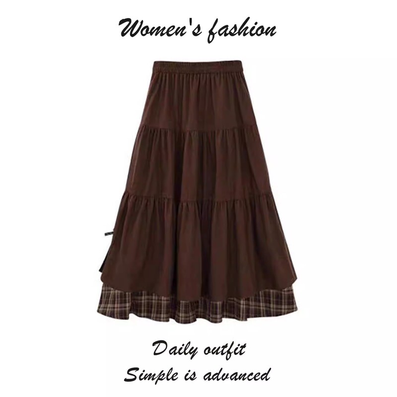 Coffee-Colored Patchwork Plaid Long Skirt, Women's Spring and Autumn Melard Retro High-Waisted Slimming A-Line Umbrella Skirt, Tiered Skirt Coffee-Colored Patchwork Plaid Long Skirt, Women's Spring and Autumn Melard Retro High-Waisted Slimming A-Line Umbrella Skirt, Tiered Skirt
