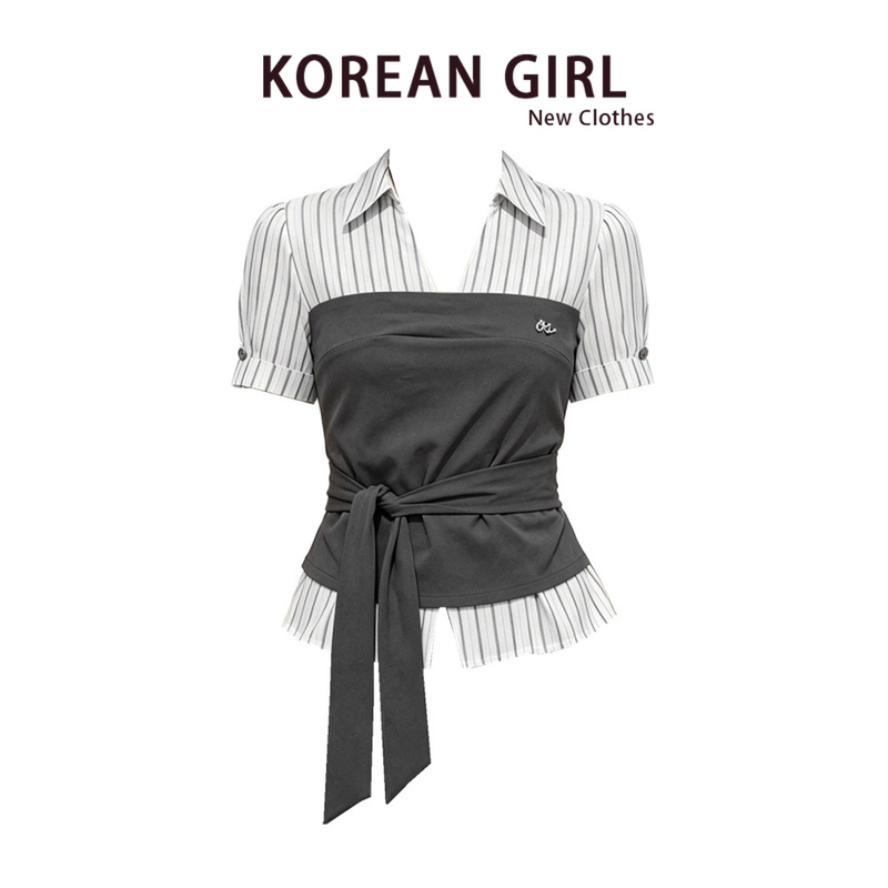 Korean-Style Striped Faux Two-Piece Tie-Up Short-Sleeve T-Shirt for Women, Super Stylish Waist-Cinching Tie-Up Regular Shoulder Top for Summer 2026 Korean-Style Striped Faux Two-Piece Tie-Up Short-Sleeve T-Shirt for Women, Super Stylish Waist-Cinching Tie-Up Regular Shoulder Top for Summer 2026